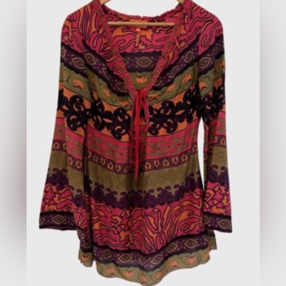 Hale Bob Top M Pink Purple Orange Green Silk Blend Cover Up Flare Sleeve NEW